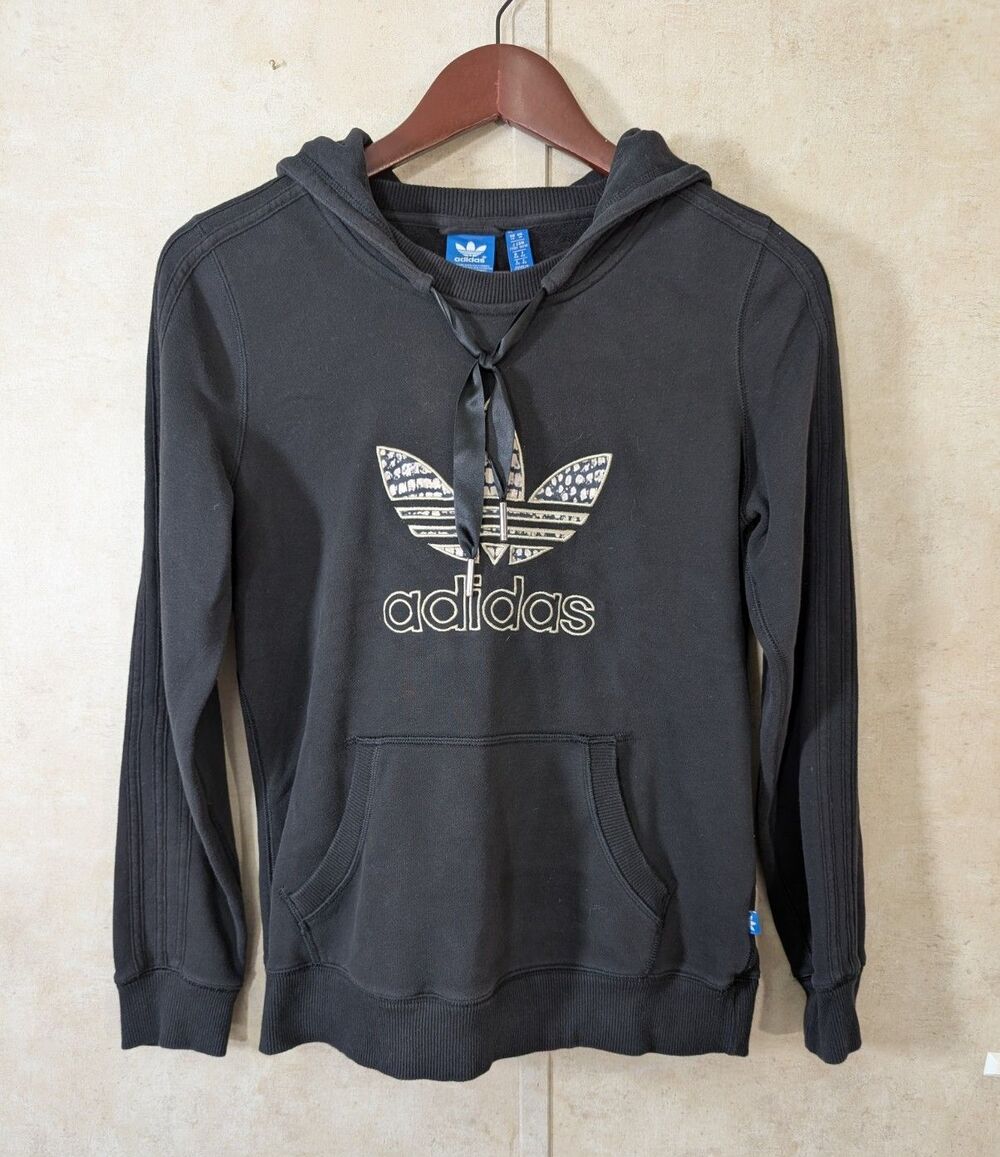 Adidas Hoodie Womens M Black Pullover Sweatshirt Gold Logo - Picture 2 of 10